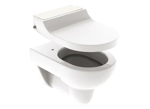 Dusch-WC-Aufsatz in Weiß, passend für gängige Toiletten. Komfortabler Sitz und klappbarer Deckel, ideal für mehr Hygiene.