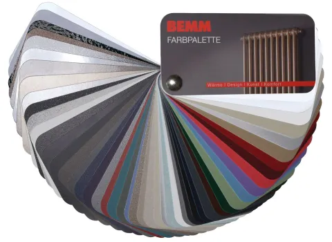 Eine Farbpalette der Marke BEMM, die verschiedene Farbmuster in einem Fächer zeigt.