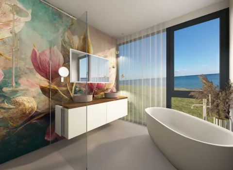 Modernes Designerbad mit freistehender Badewanne, floraler Wandgestaltung und Waschtisch mit Holzplatte.