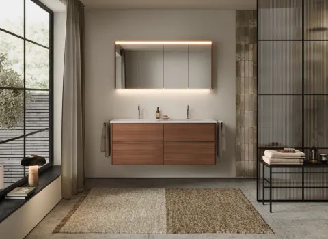 Waschtisch aus der Kollektion Oteo des Herstellers burgbad in der Farbe Tectona Dekor Zimt.