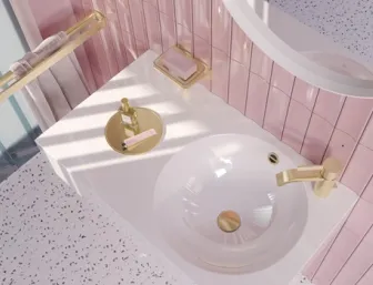 Waschtisch mit Armatur, Handtuch- und Seifenhalter in Gold von IMO Dornbracht 