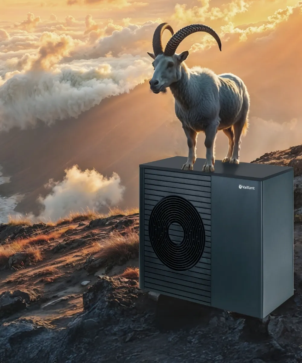 Ein majestätischer Steinbock steht auf einer modernen Wärmepumpe auf einem Berggipfel, umgeben von dramatisch beleuchteten Wolken und Sonnenstrahlen.