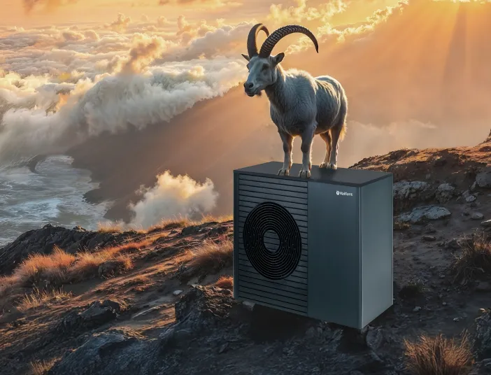Ein majestätischer Steinbock steht auf einer modernen Wärmepumpe auf einem Berggipfel, umgeben von dramatisch beleuchteten Wolken und Sonnenstrahlen.