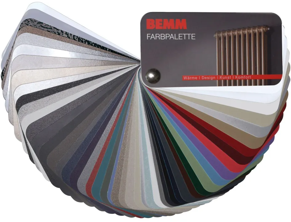 Eine Farbpalette der Marke BEMM, die verschiedene Farbmuster in einem Fächer zeigt.